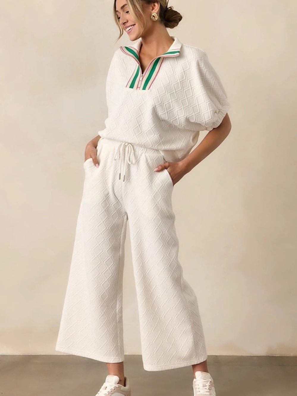 Boutique 2 piece Geometric Wide Leg Set in Cream Color